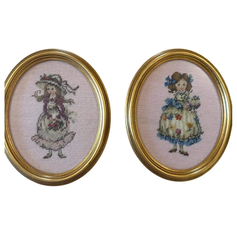 Vintage Oval Gold Framed‎ Needlepoint Art Pair Victorian Girls Marjane Davant